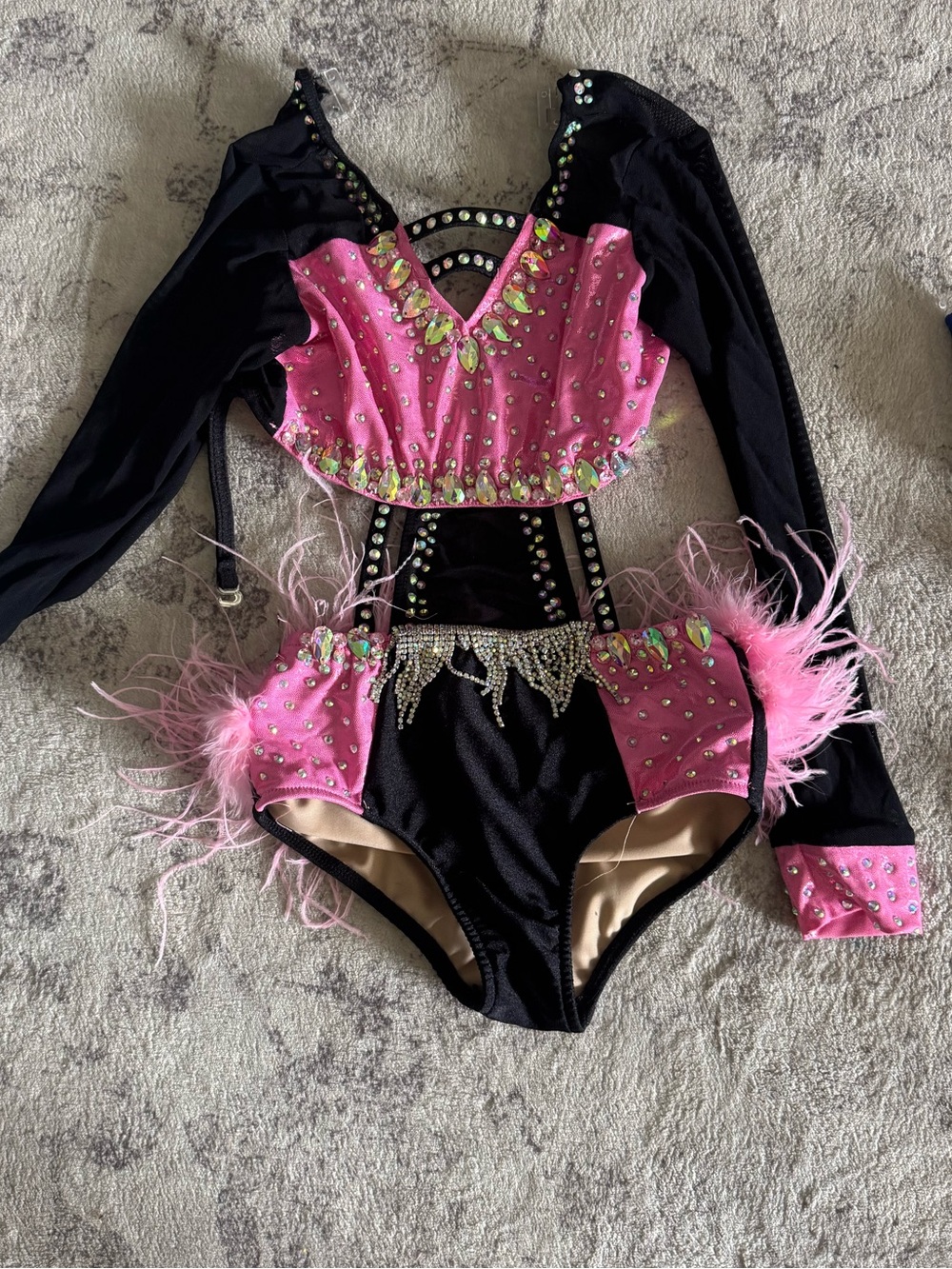 Glamour Pink and Black Feathered Dance Leotard - Solo/Competition - CM